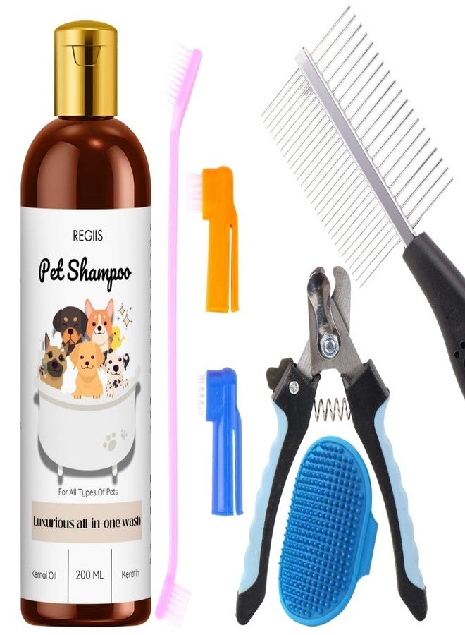 REGIIS Pet Grooming Kit with 200ML All-in-One Dog Shampoo, Professional 5-Piece Set with Nail Clippers, Silicone Brushes, Combs, Kernal Oil and Keratin Formula for All Pet Types - Image 1